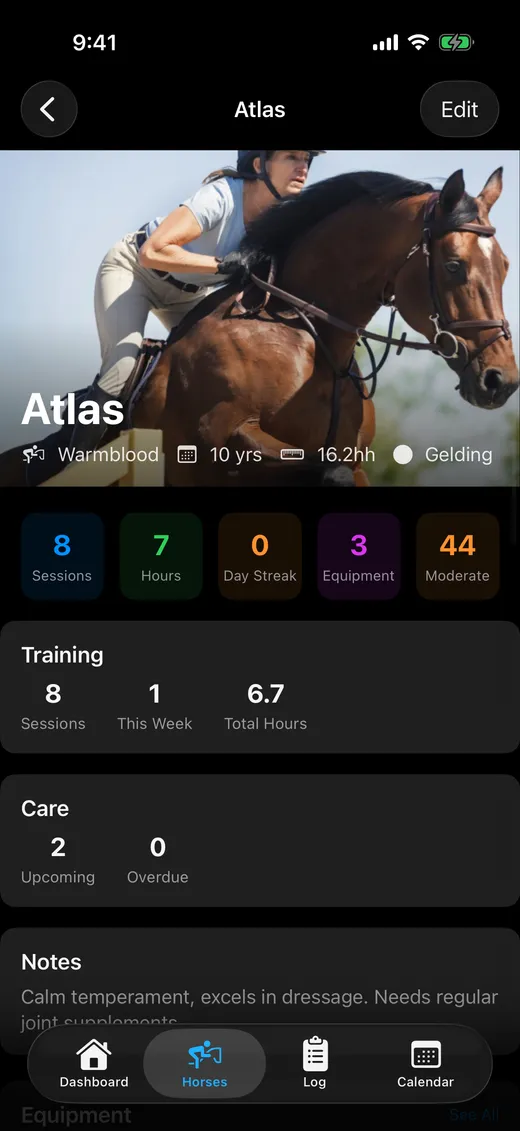 Equitem app horse profile with stats